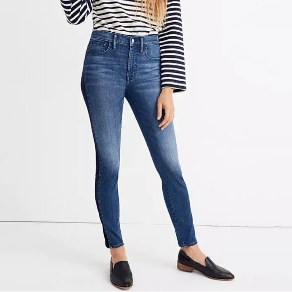 Madewell skinny jeans in Beattie wash, velvet Tuxedo stripe